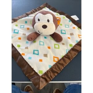 Plush Monkey Lovey Security Blanket Brown Satin Trim Baby Soft Toy